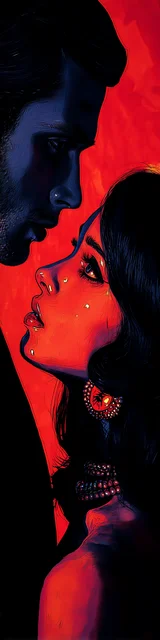 Free dark romance bookmark featuring a red and black portrait looking upward